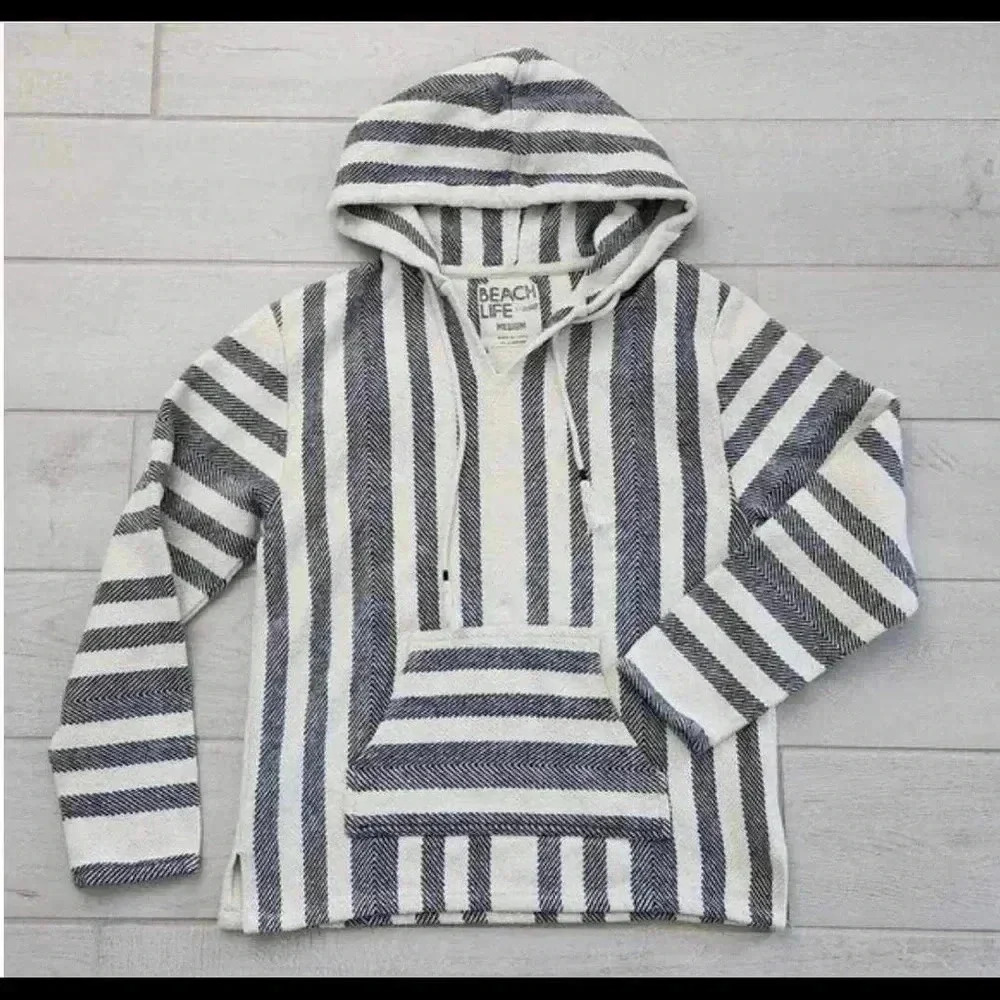 Beach Life Women Stripe Poncho Hoodie Pullover Size L